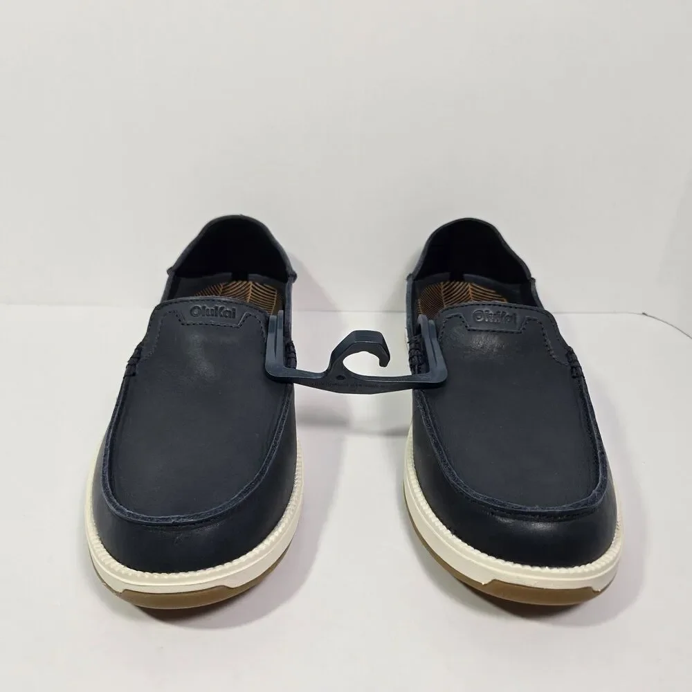 $140 Olukai Kākaha Nia Mens 11.5 Leather Slip On Shoes Loafer Casual Indigo Blue